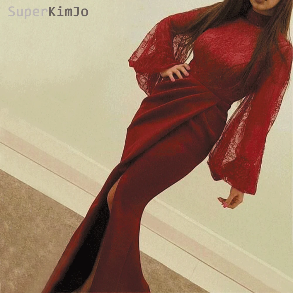 Superkimjo Vestido Longo Suar Lengan Gaun Malam Renda 2019 Tinggi Leher Merah Marun Bahasa Swedia Malam Gaun Robe De Soiree