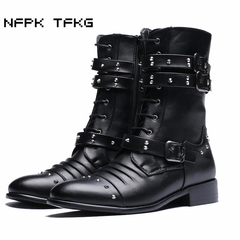 men\'s fashion party nightclub dress motorcycle boots black soft leather shoes autumn winter cowboy high boot long botas hombre