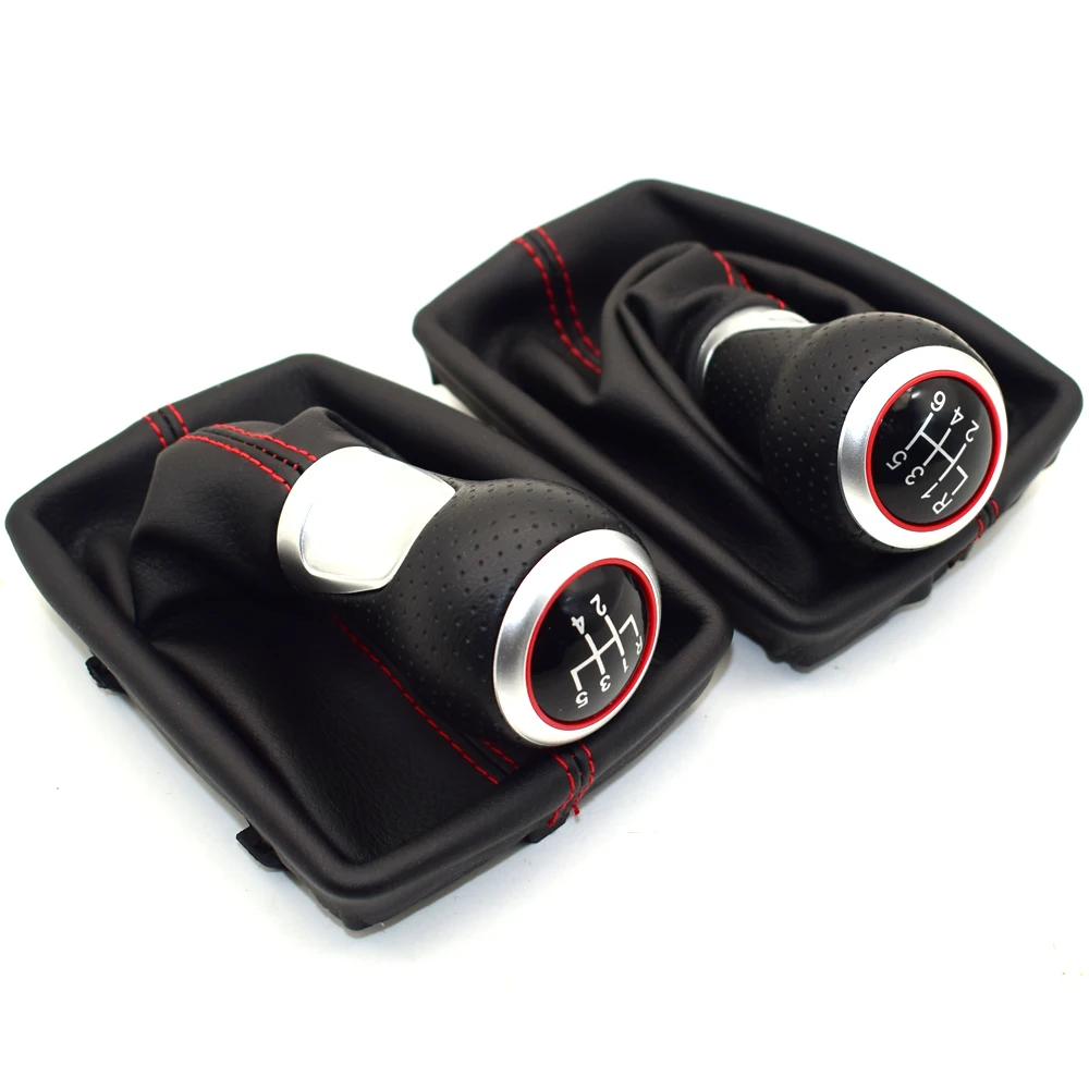 5 / 6 Speed Leather RED Gear Shift Knob Chrome Red Ring Pen Gaiter Boot For Audi A4 S4 B8 8K A5 8T Q5 8R S Line 2007-2015