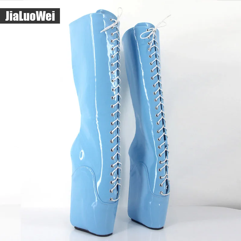 jialuowei Brand 18CM Super High Heel Wedges Ballet Boots Women Stange heels Patent Leather Cross-tie Sexy Fetish Knee High Boots