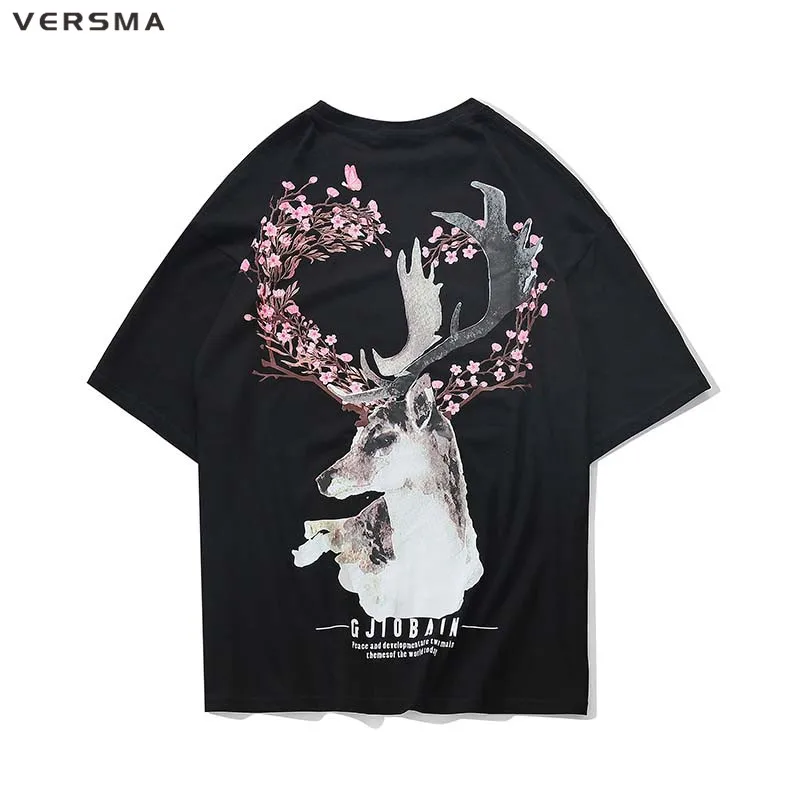 VERSMA 2019 Korean Harajuku Ulzzang Deer Cherry Blosson Printed Men T-shirt Summer High Street Hip Hop Loose Tshirt Dropshipping