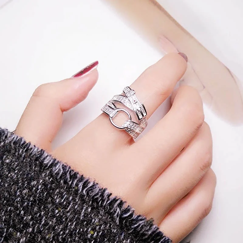 60% Silver Rings for Women Cubic Zircon Punk Rock Belt 925 Sterling Silver Female Wide Finger Ring Adjustable Bague Gift