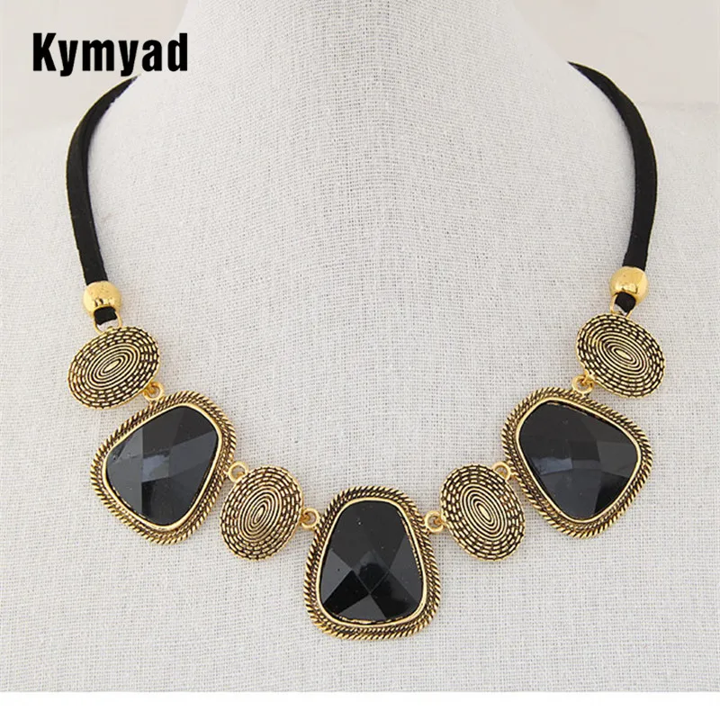 Kymyad Collier Femme Retro Jewelry Black Rope Chain Choker Necklaces Women Resin Stone Pendant Necklace Maxi Colar Necklaces