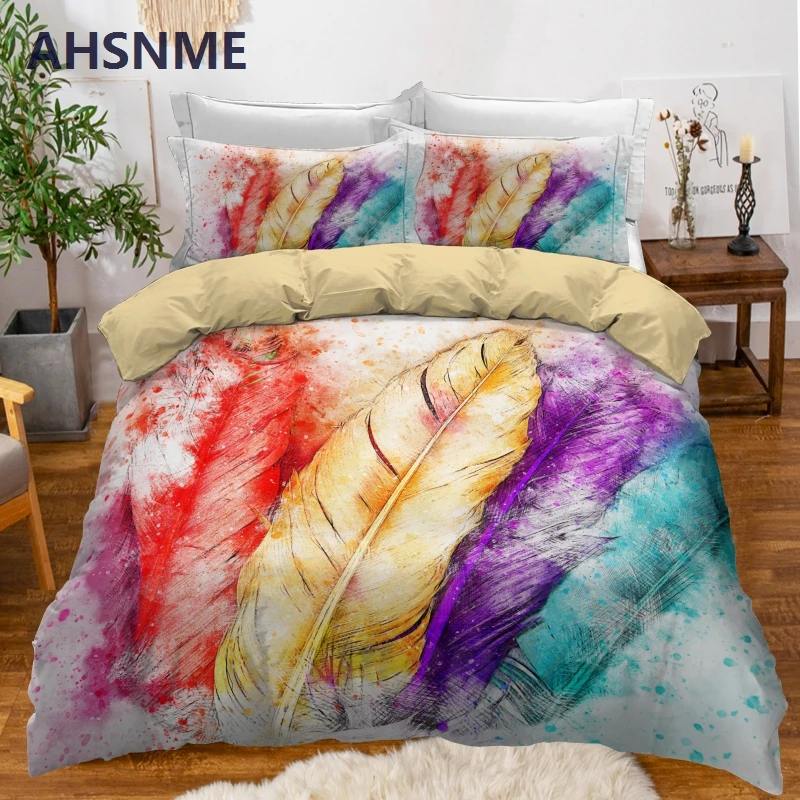 AHSNME Colorful Feather Duvet Cover Sets Exotic Parure de Lit Queen King Size for 2 Persons Adults Bedroom Bedlinen