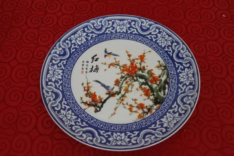 Exquisite Chinese Handwork Classical Blue and White Porcelain Plate,Painted with Red Plum and Birds