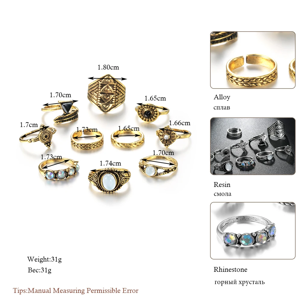 Meyfflin Vintage Knuckle Ring Set for Women Fashion Anel Aneis Bague Femme Stone  Midi Finger Rings Boho Jewelry 10pcs/Set