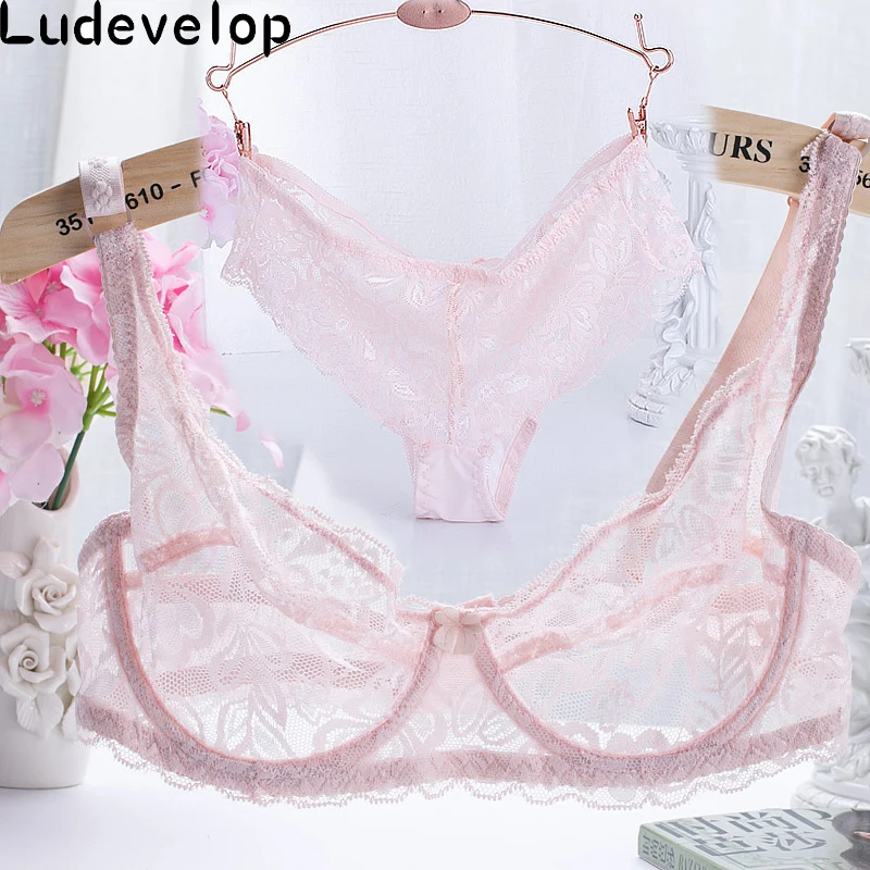Newest Very Sexy Women Half Cup Lace Bra + Briefs Plus Size Ultra-thin Sexy Plunge Bra Sets 32-40 A B C Cup Free Shipping