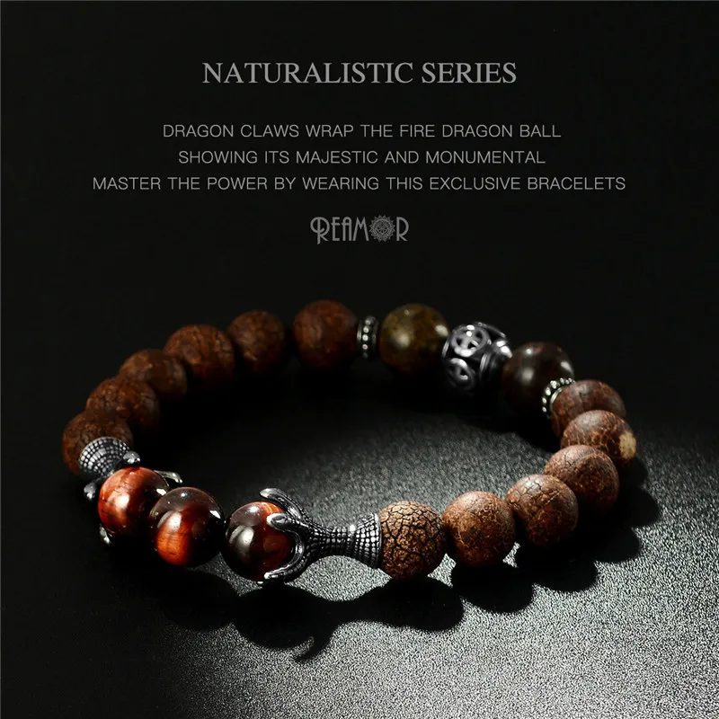 REAMOR Eagle Claw Red Tiger Eye Natural Stone Bracelet for Men Stainless Steel Dragon Claw Beaded Bracelets Jewelry Gift