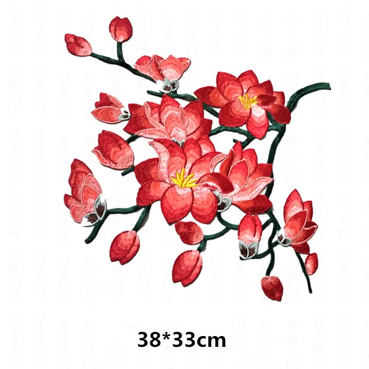 Red Magnolia Flower Embroidery Patches Sticker for Clothes Parches Para La Ropa Applique Embroidery Flower Patches