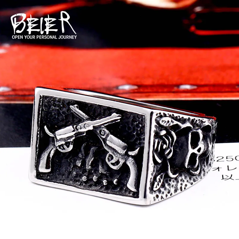 BEIER 316L Stainless Steel Bike Rock skull Men Ring Gun Fashion Jewelry Gift  Dropshipping LLBR8-635R