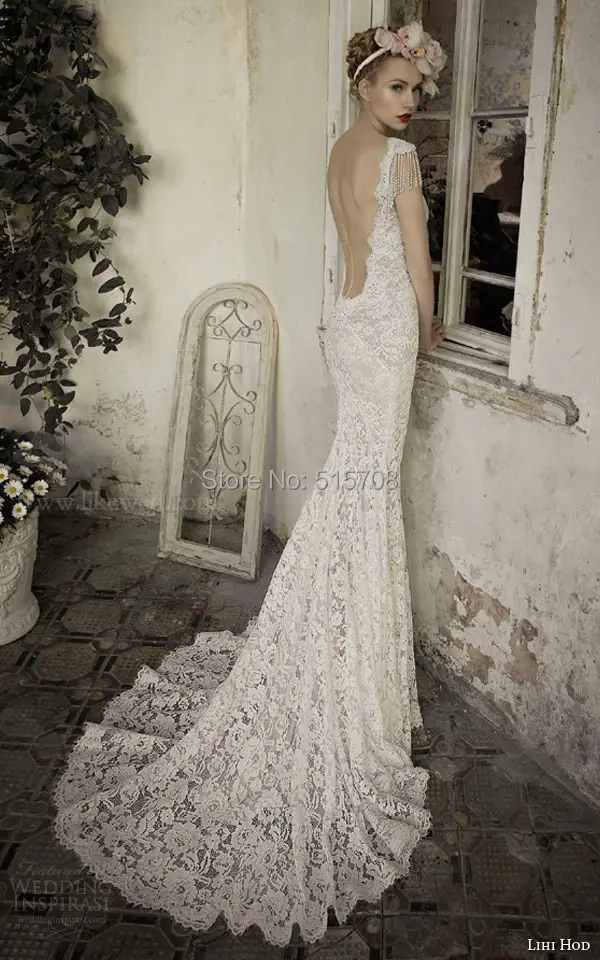 

Sexy Deep V Neck Cap Sleeve Lace Wedding Dress Backless Sheath Mermaid Lace Wedding Dresses Bridal Dress Cheap Free Shipping