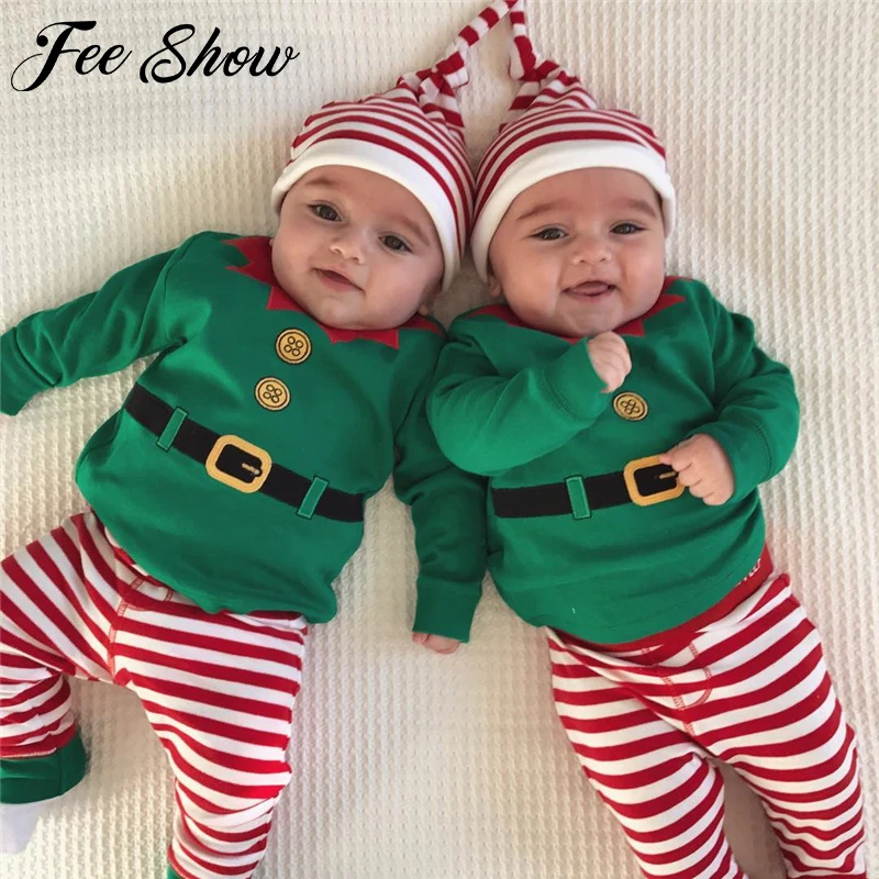 

High Quality Baby Boy Girl Autumn Christmas xmas Clothes Set Toddler Baby Boys Girls Romper Pant Hat Outfits Clothes