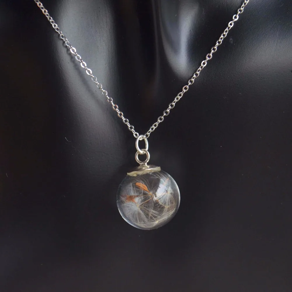 

Dandelion Make a Wish Glass Ball Pendant Sterling Silver Color Chain Necklace Women Choker Boho Fashion Jewelry Handmade Cute