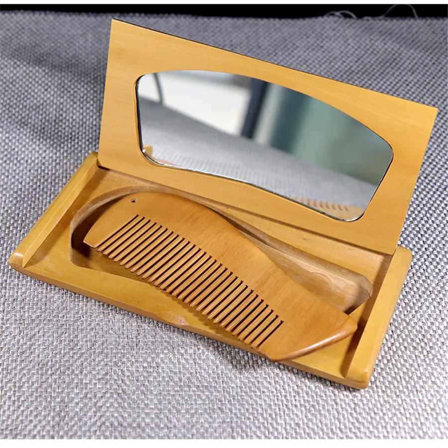 Wood comb Mirror Gift Box Packing Mushu folding mirror small wooden comb portable Mirror Comb Women Makeup Anti-static New Brand