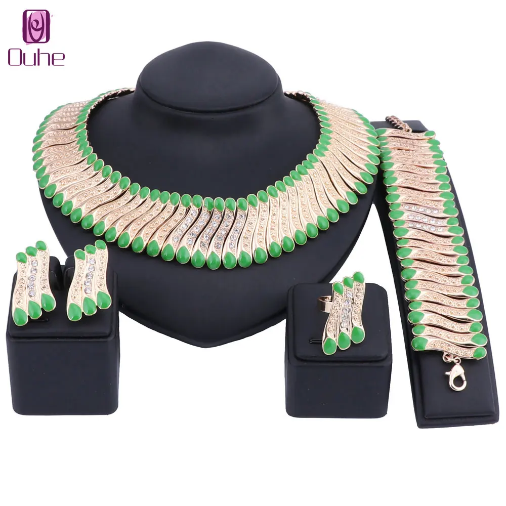 Women Dubai Gold Color Jewelry Sets Crystal Necklaces Earrings Ring Bracelet Wedding Party Accessories