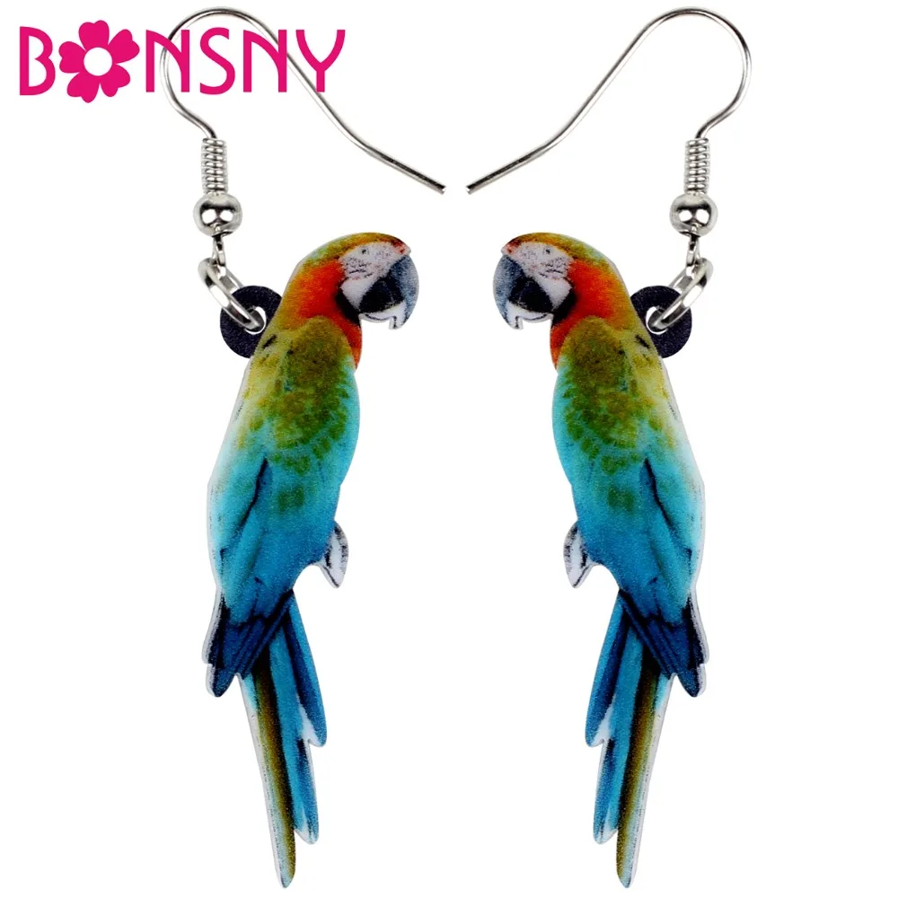 Bonsny Acrylic Colorful Resting Macaws Parrot Bird Earrings Big Long Dangle Drop Tropic Animal Jewelry For Women Girls Gift Bulk