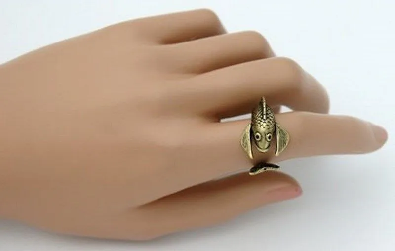 Retro Fish Ring Women's Girl's Retro Burnished Animal Carp Ring Jewelry Adjustable Free Size Wrap Ring Black Crystal