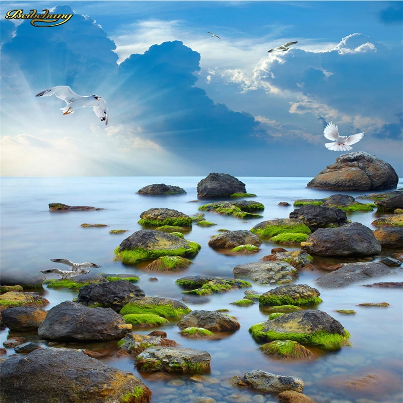 beibehang Custom Photo Wallpaper Floor Cover Painting Sea Stone Seaside Sky 3D Floor Tile Painting papel de parede