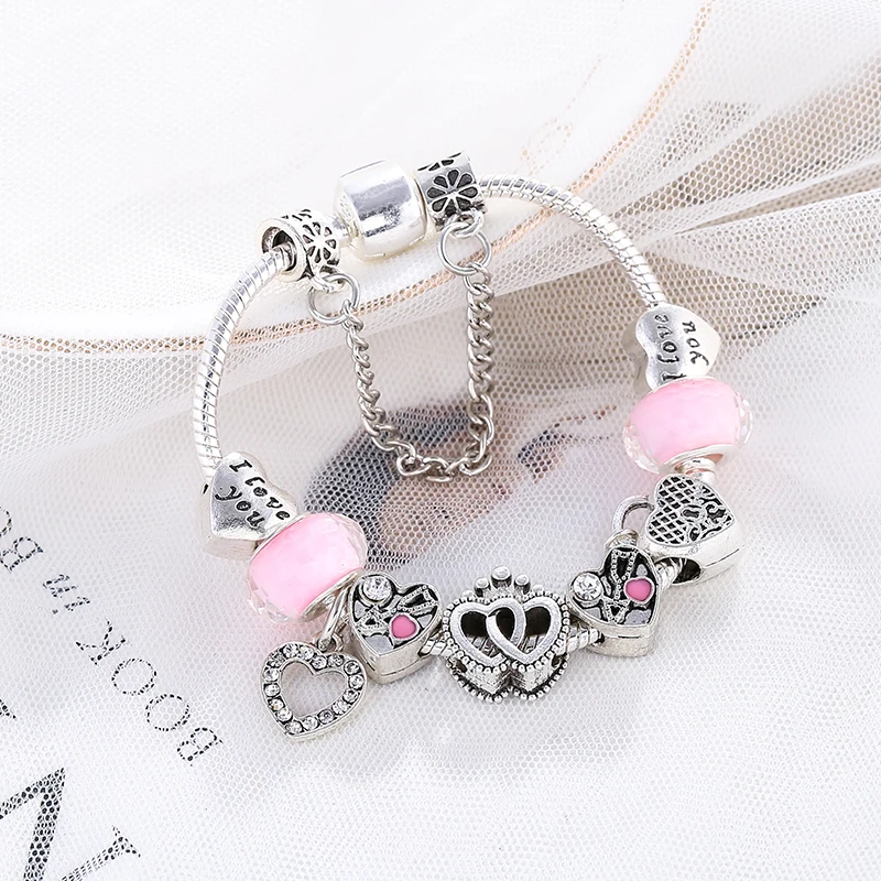 BAOPN European Pink Heart To Heart Beads Charm Bracelets For Women Fit Brand Bracelet & Bangle Couple Jewelry Dropshipping