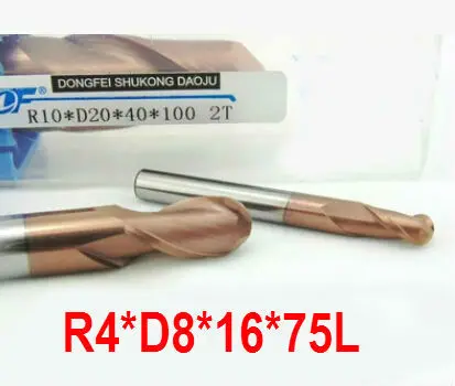 Herramientas de fresado de 2 flautas, fresa de extremo de punta de bola, CNC, router bits hrc55 R4 * 16 * D8 * 75L
