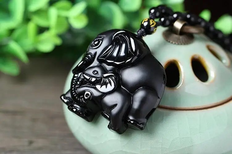 Drop Shipping Natrual Obsidian Carved Elephant Nose God of Wealth Lucky Pendants Black Obsidian Necklace Pendant