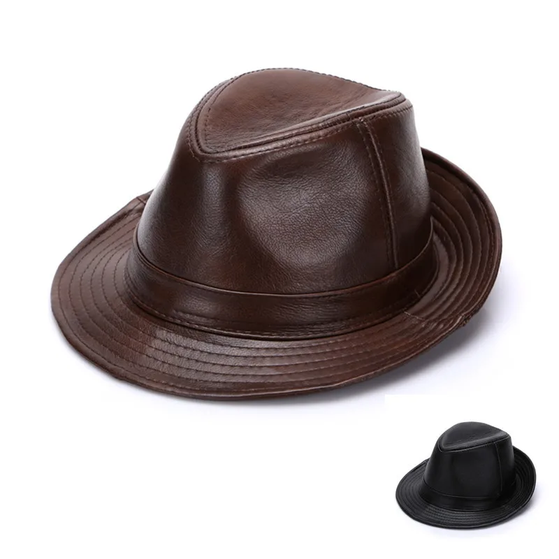 

Adult 100% Genuine Leather Hat Men's Fedoras Cowhide Hats British Gentlemen Panama Hat Fashion Cap New Year Gift B-7144