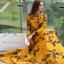 DEVCHATA High Quality Elegant Women Floral Long Sleeves Long Maxi Dress Party Gorgeou flower Boho Jacquard Vintage Dress Fall