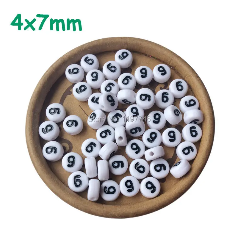 Number Six Beads 200pcs 4*7mm Acrylic Number Beads with Hole 0-9 White Mini Flat Round Bead for Jewelry Making Small Tiny Spacer