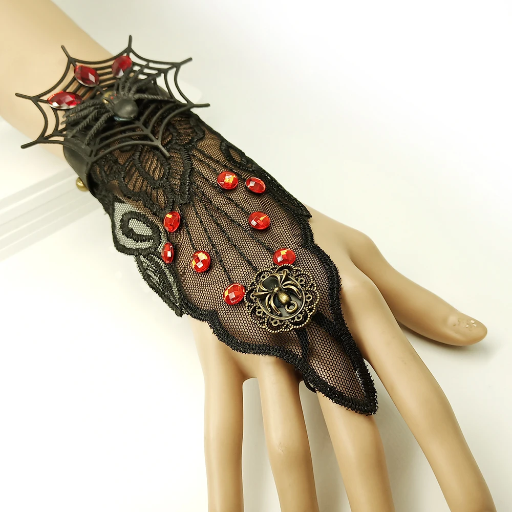 New Holloween Jewelry Black Spider on Cobweb Vintage Lace Leather Bracelet for Girls