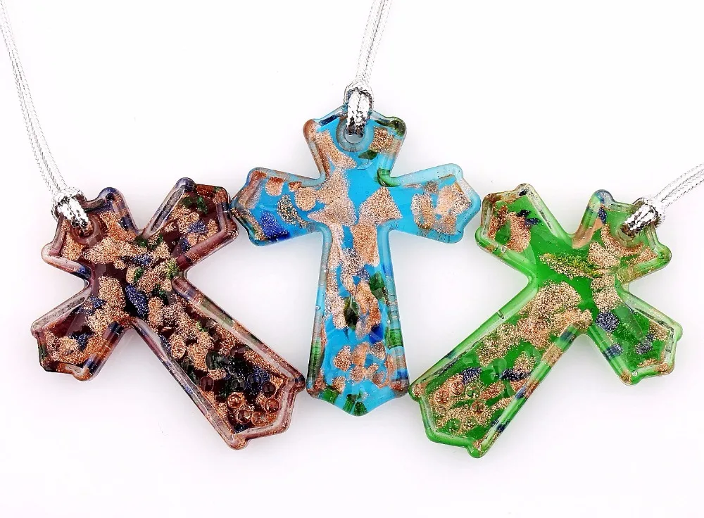 Hot Sell Wholesale Bulk 6pcs Murano Lampwork Glass Cross Pendant Charm Necklace For women\'s Gift