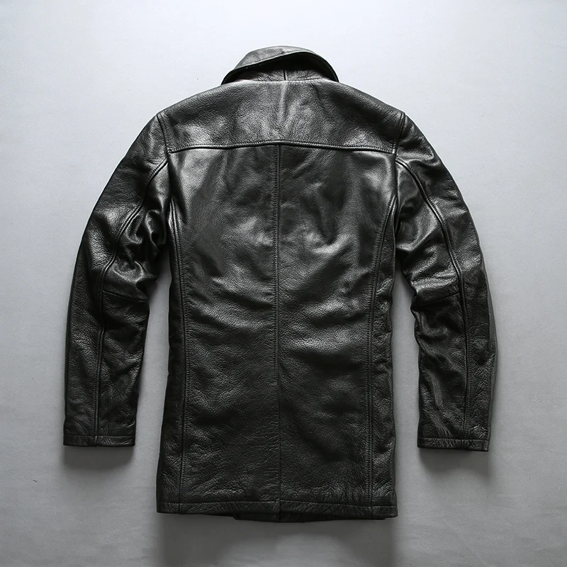 AVIREXFLY 2018 New Men Black Cow skin Genuine Leather Jacket Smart Casual Cowhide Double breasted Jacket Winter Coats