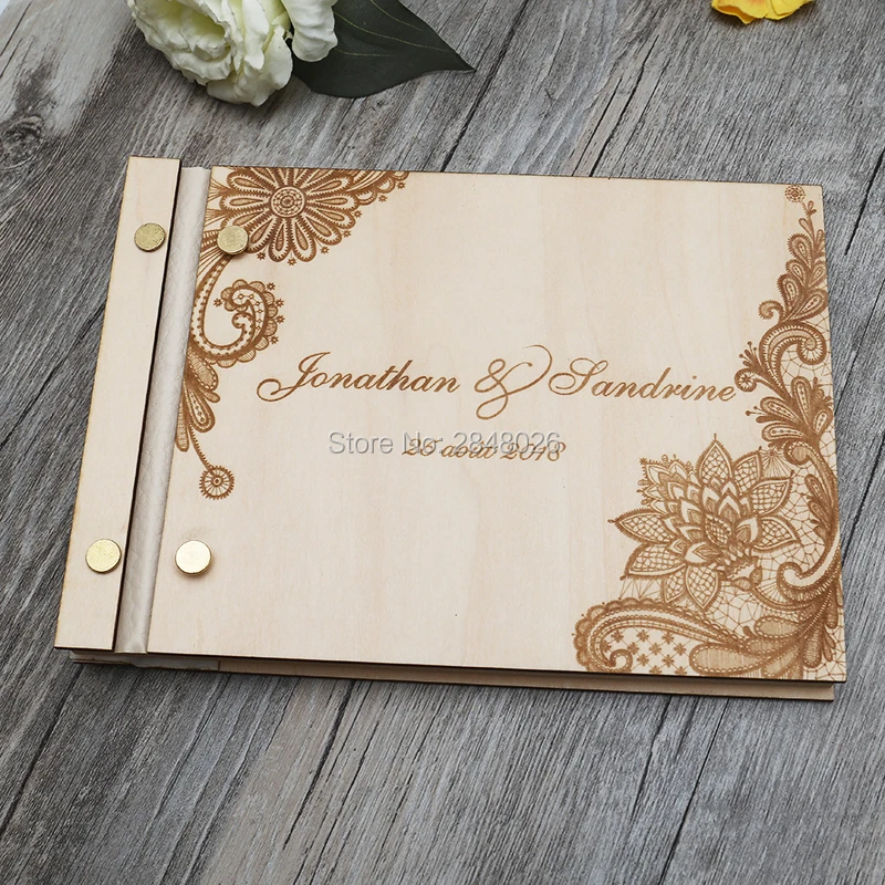 

lace engraved wedding guestbook,Custom wooden Wedding floral lace guest book, personalized sign in album