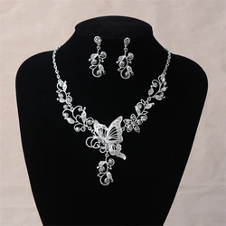 Wedding Jewelry Set Bride Rhinestone Jewelry Set Silver Plated Butterfly Choker Necklace Earrings Set Jewelry For Women Girls