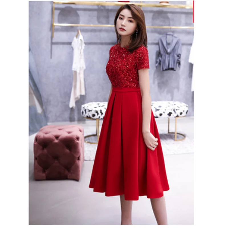 it\'s YiiYa Prom Dress Red Sequins Kneel-Length Dresses Short Sleeves Zip Women Party Night Vestidos de Gala Plus Size 2019 E455