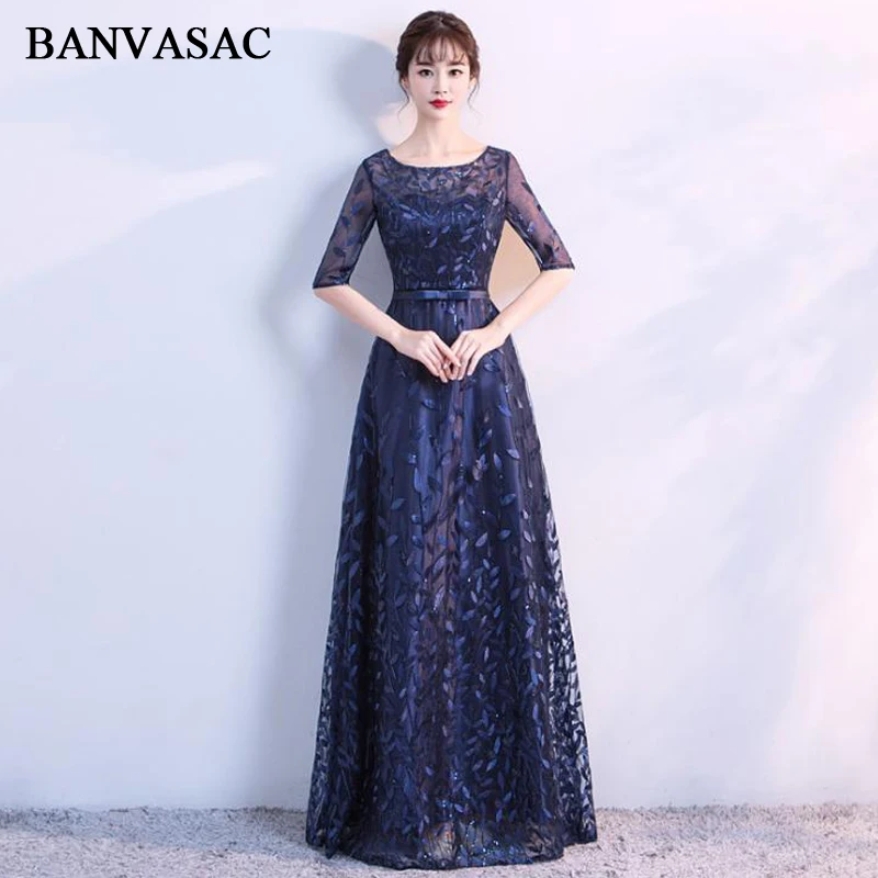 

BANVASAC O Neck Bow Sash 2018 A Line Long Evening Dresses Sequined Leaf Lace Illusion Half Sleeve Party Prom Gowns