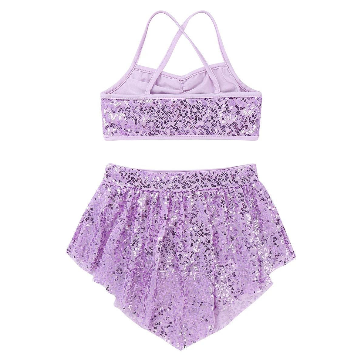 TiaoBug Kids Girls Sequins Spaghetti Straps Stage Lyrical Dance Costumes Children Skating Ballet Gymnastics Crop Top Skirt Set