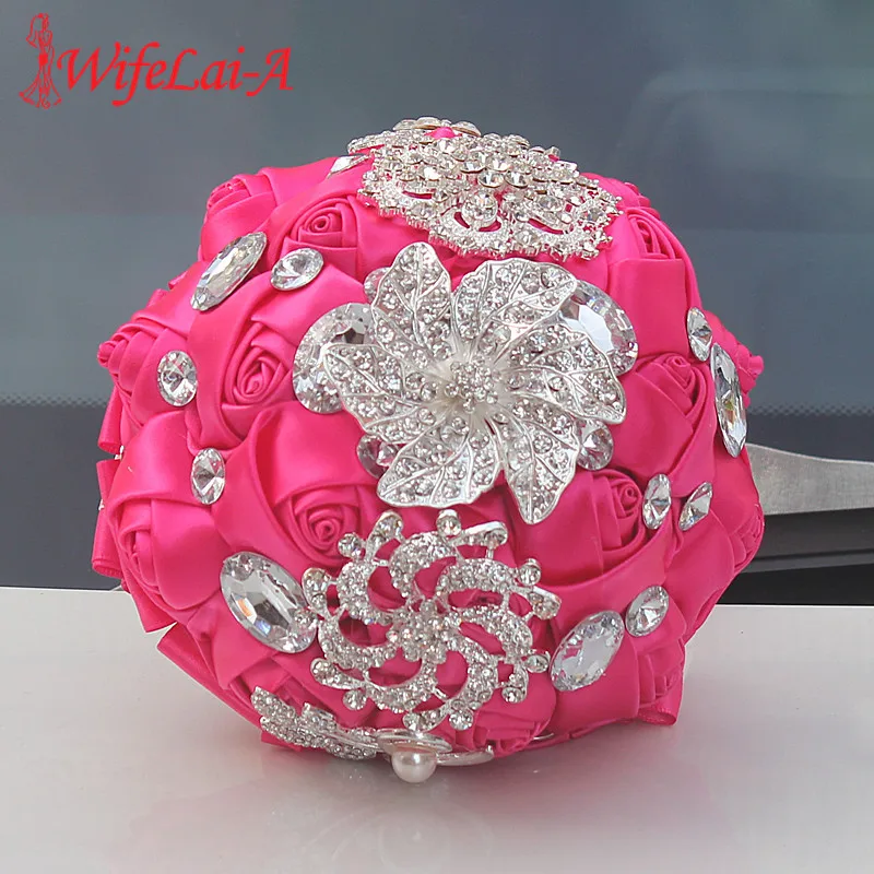 

WifeLai-A Bridal Hand Holding Wedding Bouquets Hot Pink Satin Rose Stunning Crystal Brooch Wedding Bouquets Flower W228-15cm