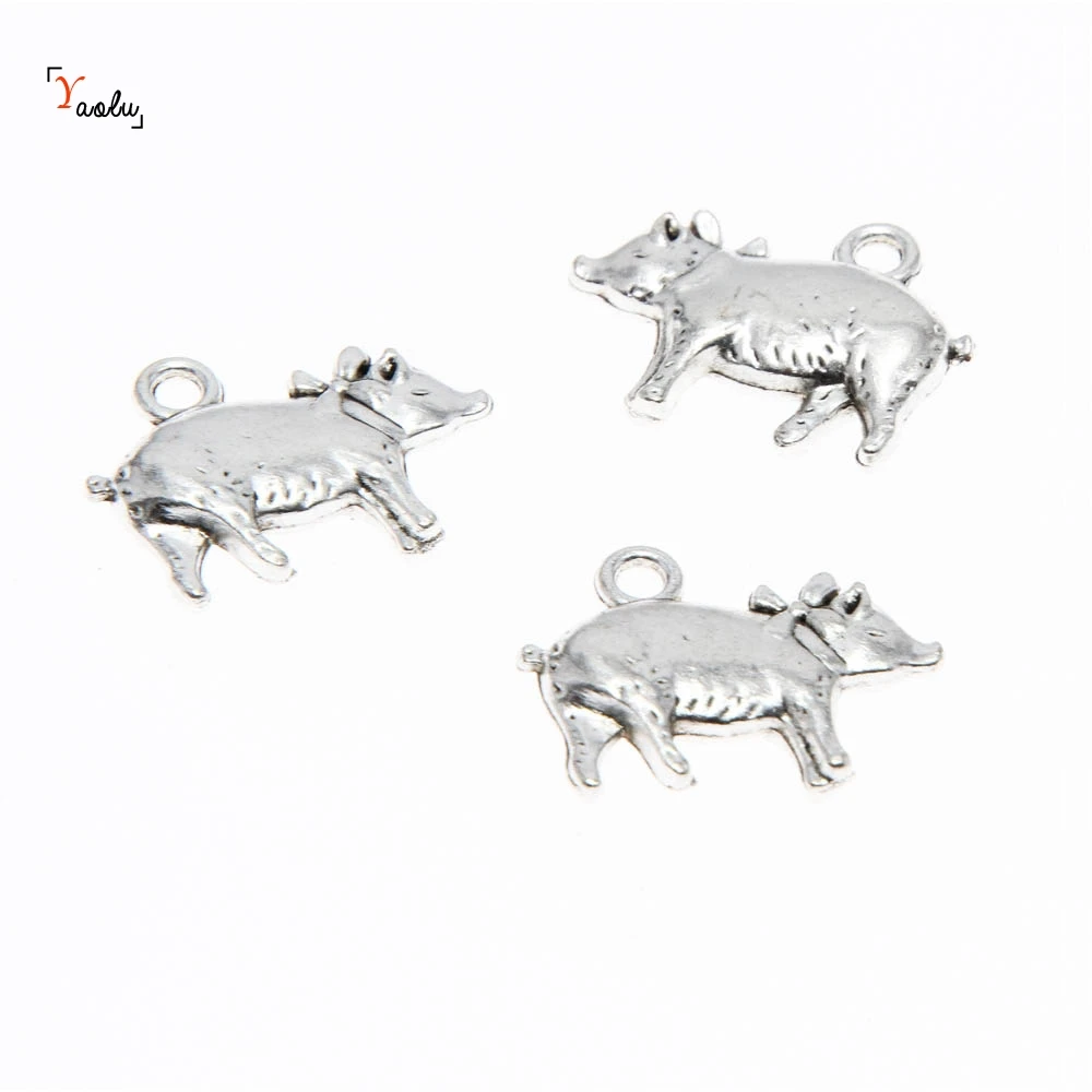 10piece/lot Pig Charm Antiqued silver Tone Prize Pig with Bow Charm pendants cute animal 20x15mm