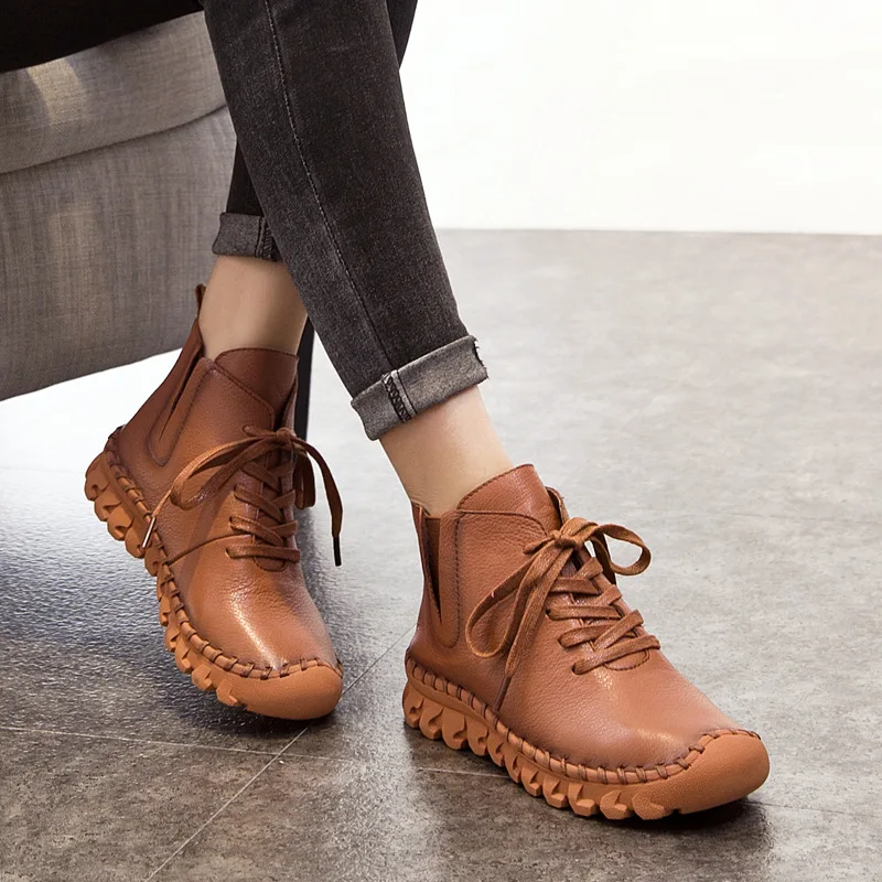 Lace-up Genuine Leather Women Boots A518 Fashion Casual Low Tube Round Toe Real Leather Shoes Winter Shoes Warm Thick