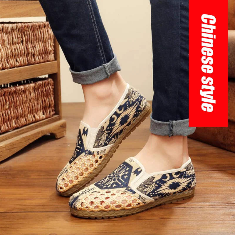 ZFTL Men net shoes summer Chinese traditional ethnic hand-knitted shoes Lightweight and wear resistant slip-on men loafers2023