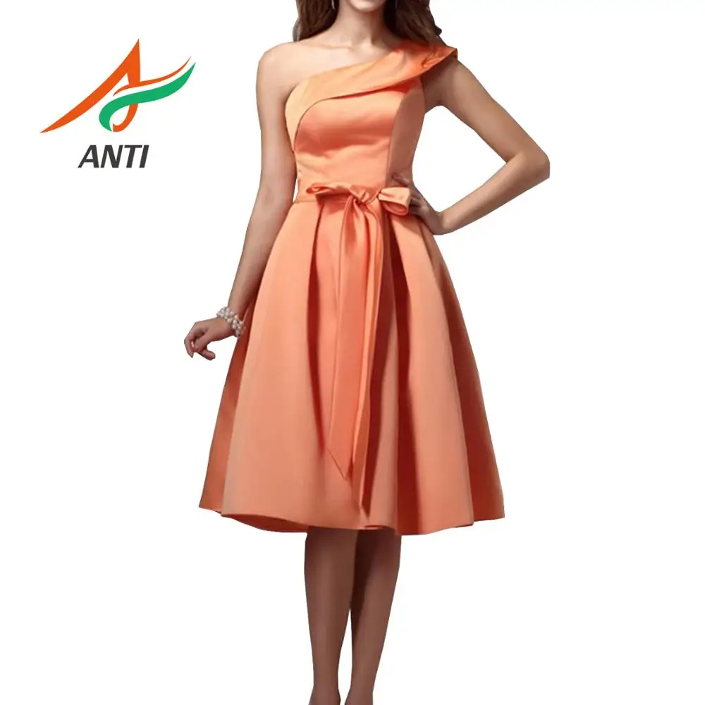 

ANTI Fast Shipping Orange A-Line Vintage Satin Short Graduation Dresses 2019 One-Shoulder With Bow Sashes mezuniyet elbiseleri