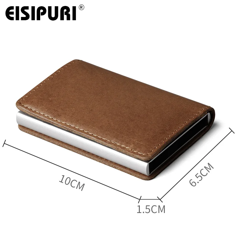 EISIPURI Men Blocking Rfid Wallet Mini Genuine Leather Business Aluminium Credit Card Holder Purse Automatic Pop Up Card Case