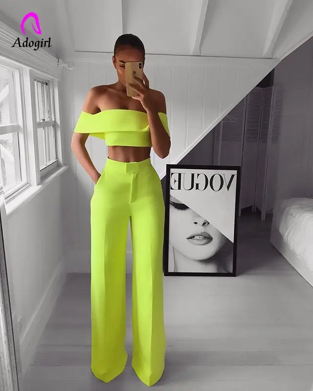 Adogirl Neon Slash Neck Two Piece Set Off Shoulder Elegant Women Crop Top and Wide Leg Pants Bodycon Long Trousers Women Suits