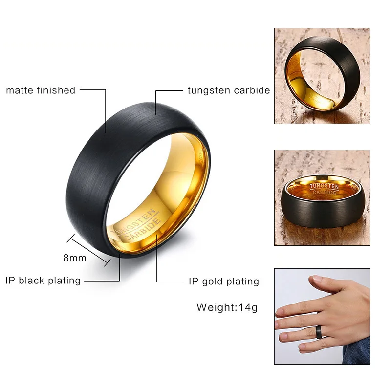 Vnox Black TUNGSTEN CARBIDE Rings for Men 8mm Wedding Band Interface Matt Surface Classic Male Alliance Jewelry Anniversary Gift