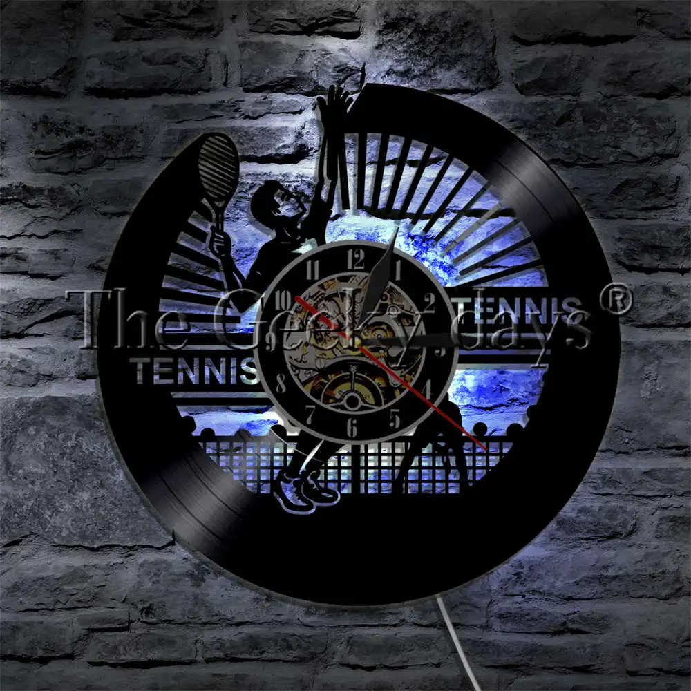 Tennis Match Vinyl Record Wall Clock Modern LED Wall Light Sport Tennis Player Decorative Lighting For Tennis Lover Gift