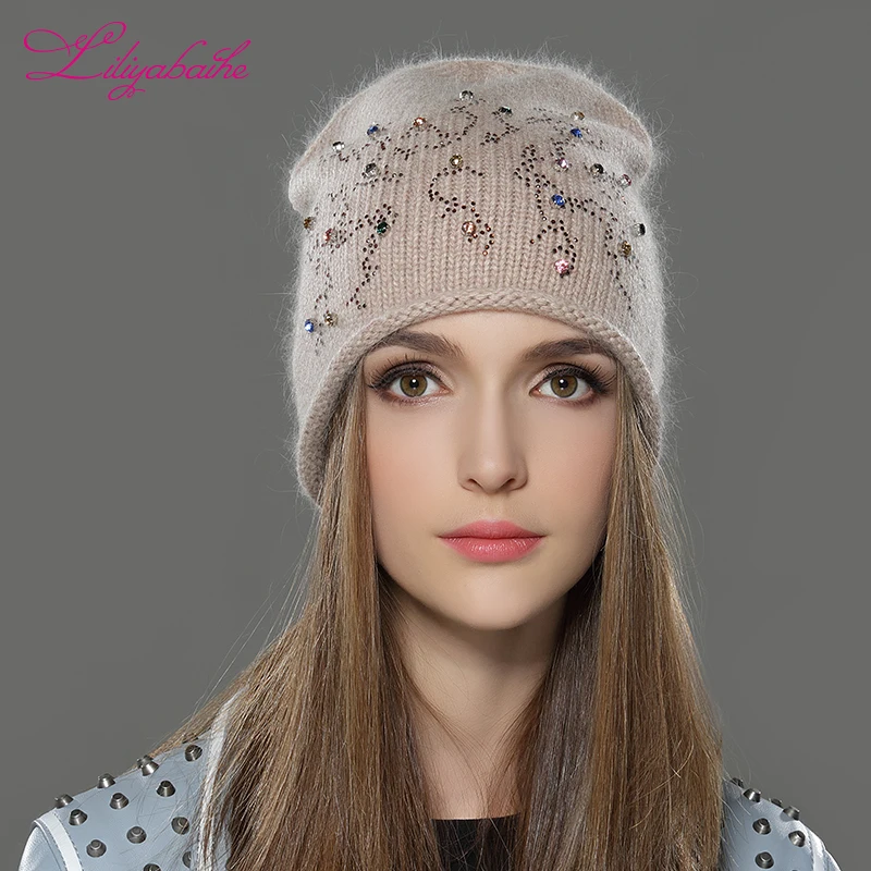 

LILIYABAIHE Women Autumn And Winter Hat angora Knitted Skullies Beanies Cap Classic color diamond decoration hats for Girls