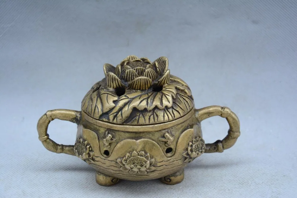 

Старинная китайская Ming dynasty латунная кадильница, Frog & Lotus, лучшая коллекция и украшение, бесплатная доставка