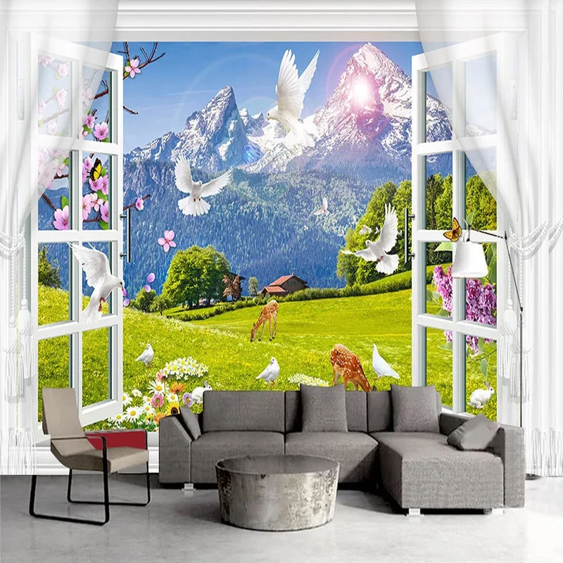 Custom Size Wallpaper 3D Window Snow Mountain Grassland Animal Landscape Photo Wall Murals Living Room TV Waterproof Stickers