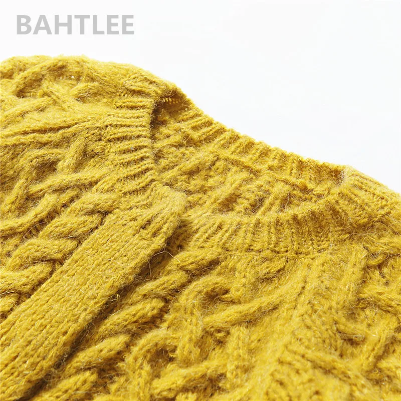 BAHTLEE-Women\'s Long Sleeve Warm Mohair Cardigan, Knitting Wool, Jacquard Weave Sweater, O-Neck Jumper, Pocket, Mustard, Yellow,