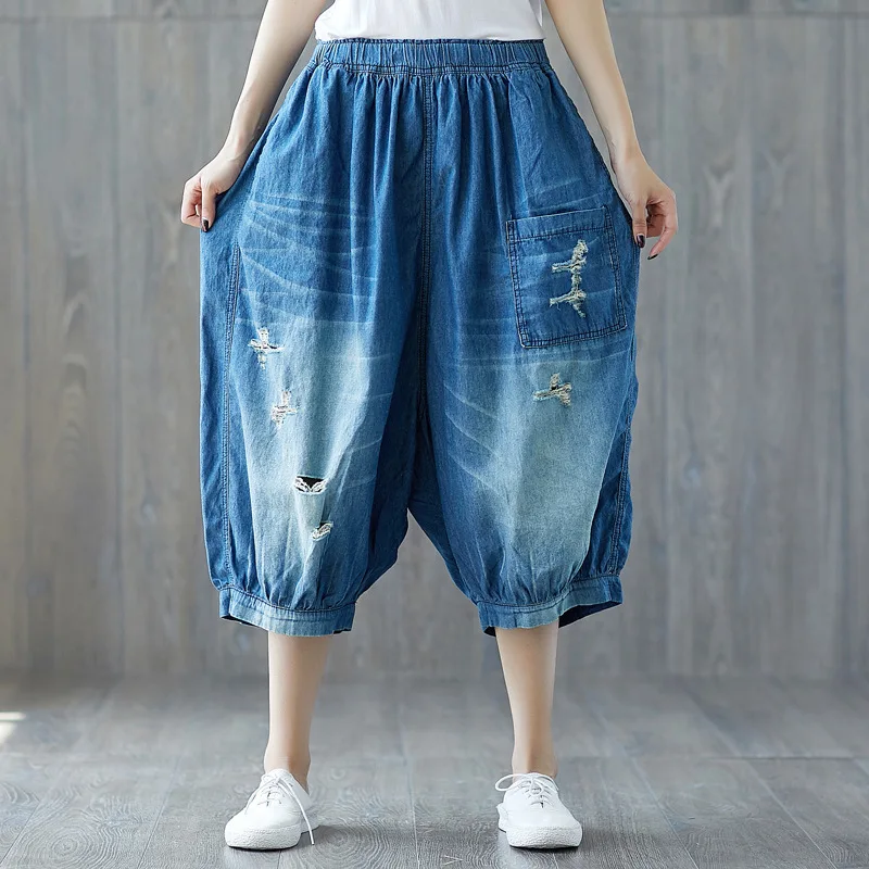 Women Wide Leg Cross-pants Bloomers Baggy Denim Pants hip hop Drop Crotch jeans Elastic Waist  Harem Trousers YT616